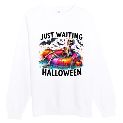 Just Waiting For Halloween Funny Skeleton Spooky Vibe Summer Gift Premium Crewneck Sweatshirt