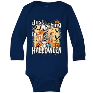 Just Waiting For Halloween Funny Skeleton Halloween Costume Cute Gift Baby Long Sleeve Bodysuit