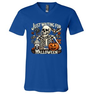 Just Waiting For Halloween Skeleton Coffee Spooky Season Gift V-Neck T-Shirt