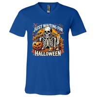 Just Waiting For Halloween Skeleton Coffee Spooky Season Gift V-Neck T-Shirt