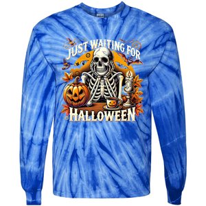 Just Waiting For Halloween Skeleton Coffee Spooky Season Gift Tie-Dye Long Sleeve Shirt