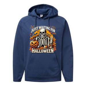 Just Waiting For Halloween Skeleton Coffee Spooky Season Gift Performance Fleece Hoodie