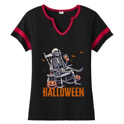 Just Waiting For Halloween Skeleton Halloween Party Matching Gift Ladies Halftime Notch Neck Tee