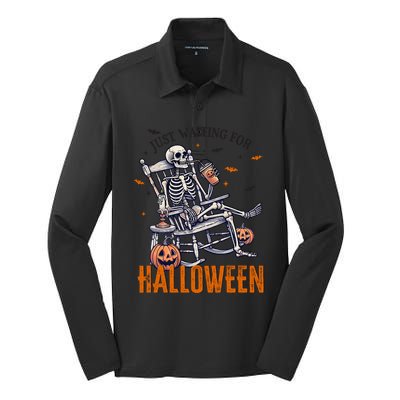 Just Waiting For Halloween Skeleton Halloween Party Matching Gift Silk Touch Performance Long Sleeve Polo