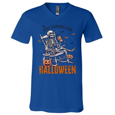 Just Waiting For Halloween Skeleton Halloween Party Matching Gift V-Neck T-Shirt