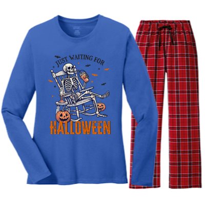 Just Waiting For Halloween Skeleton Halloween Party Matching Gift Women's Long Sleeve Flannel Pajama Set 