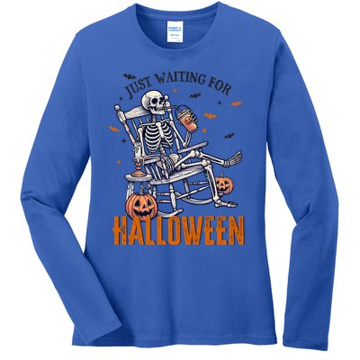 Just Waiting For Halloween Skeleton Halloween Party Matching Gift Ladies Long Sleeve Shirt