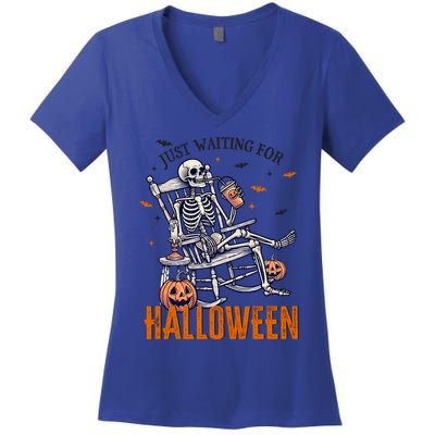 Just Waiting For Halloween Skeleton Halloween Party Matching Gift Women's V-Neck T-Shirt