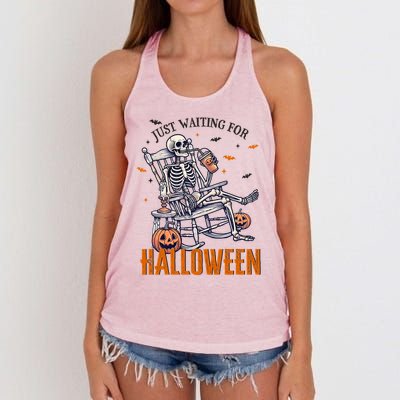 Just Waiting For Halloween Skeleton Halloween Party Matching Gift Women's Knotted Racerback Tank