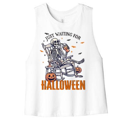 Just Waiting For Halloween Skeleton Halloween Party Matching Gift Women's Racerback Cropped Tank