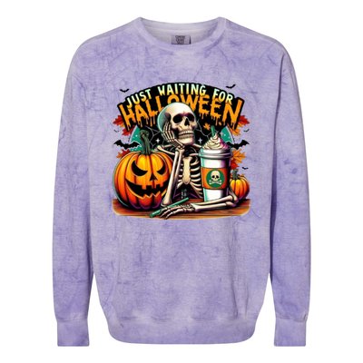 Just Waiting For Halloween Coffee Funny Skeleton Halloween Colorblast Crewneck Sweatshirt