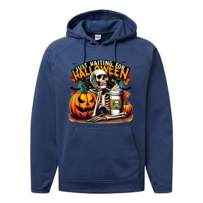 Just Waiting For Halloween Coffee Funny Skeleton Halloween Performance Fleece Hoodie