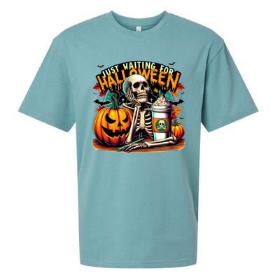 Just Waiting For Halloween Coffee Funny Skeleton Halloween Sueded Cloud Jersey T-Shirt