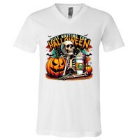 Just Waiting For Halloween Coffee Funny Skeleton Halloween V-Neck T-Shirt