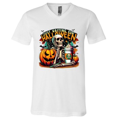 Just Waiting For Halloween Coffee Funny Skeleton Halloween V-Neck T-Shirt