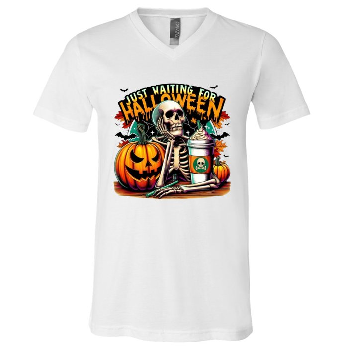 Just Waiting For Halloween Coffee Funny Skeleton Halloween V-Neck T-Shirt