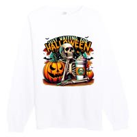 Just Waiting For Halloween Coffee Funny Skeleton Halloween Premium Crewneck Sweatshirt