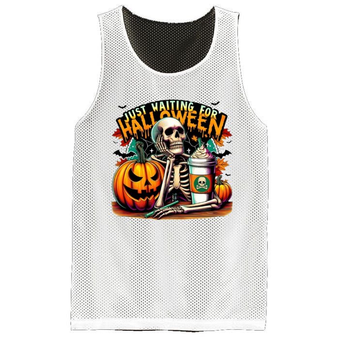 Just Waiting For Halloween Coffee Funny Skeleton Halloween Mesh Reversible Basketball Jersey Tank