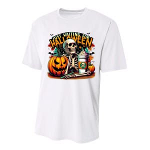 Just Waiting For Halloween Coffee Funny Skeleton Halloween Performance Sprint T-Shirt