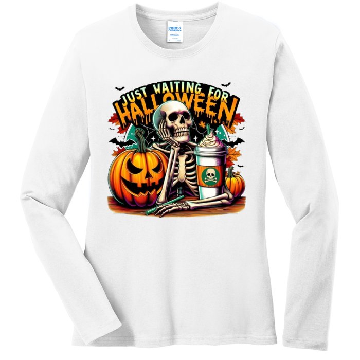 Just Waiting For Halloween Coffee Funny Skeleton Halloween Ladies Long Sleeve Shirt