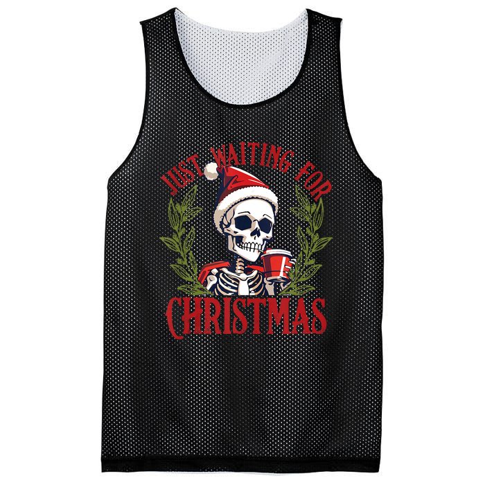 Just Waiting For Christmas Funny Santa Skeleton Xmas Mesh Reversible Basketball Jersey Tank