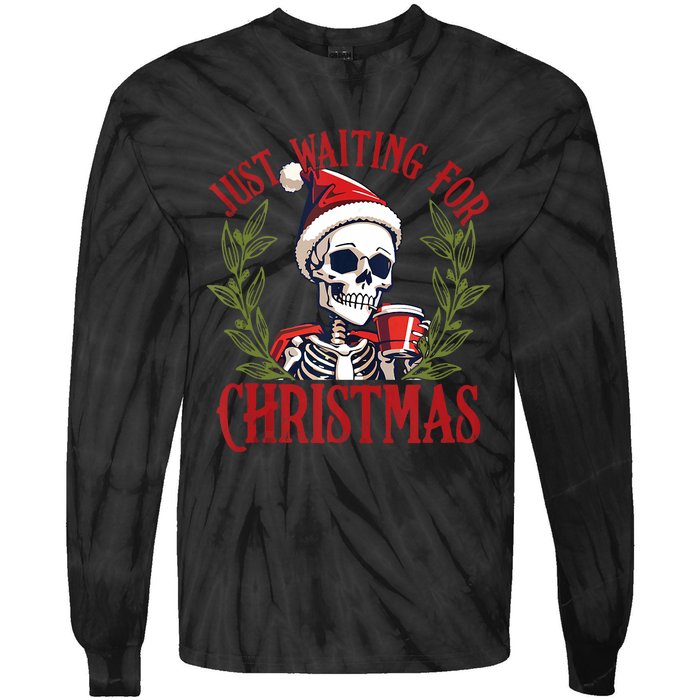 Just Waiting For Christmas Funny Santa Skeleton Xmas Tie-Dye Long Sleeve Shirt