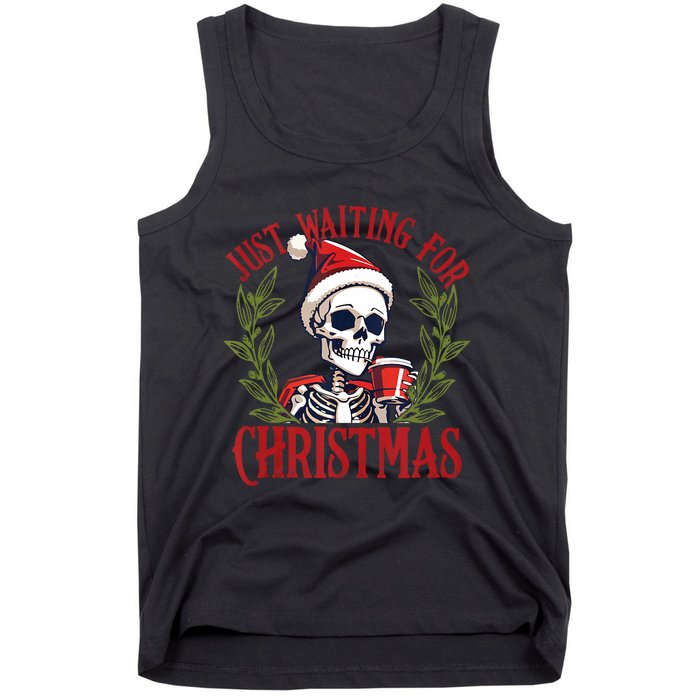 Just Waiting For Christmas Funny Santa Skeleton Xmas Tank Top