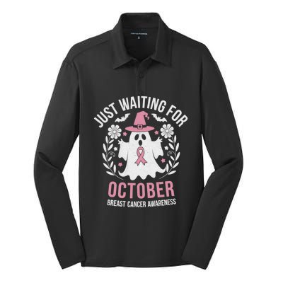 Just Waiting For October Breast Cancer Awareness Halloween Gift Silk Touch Performance Long Sleeve Polo