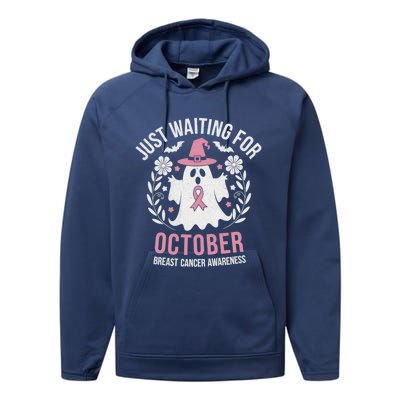 Just Waiting For October Breast Cancer Awareness Halloween Gift Performance Fleece Hoodie