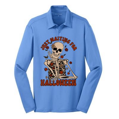 Just Waiting For Halloween Skeleton Fall Spooky Silk Touch Performance Long Sleeve Polo