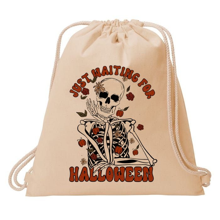 Just Waiting For Halloween Skeleton Fall Spooky Drawstring Bag