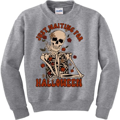 Just Waiting For Halloween Skeleton Fall Spooky Kids Sweatshirt