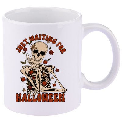Just Waiting For Halloween Skeleton Fall Spooky 11oz C Handle Ceramic Mug
