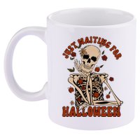 Just Waiting For Halloween Skeleton Fall Spooky 11oz C Handle Ceramic Mug