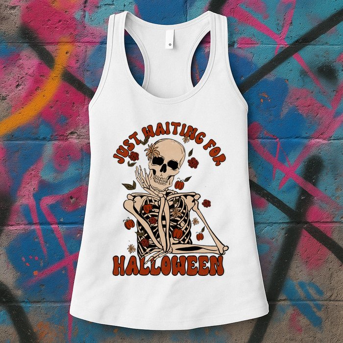 Just Waiting For Halloween Skeleton Fall Spooky Womens Tank Top
