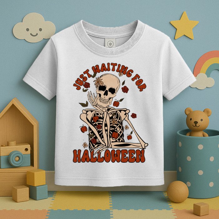Just Waiting For Halloween Skeleton Fall Spooky Toddler T-Shirt