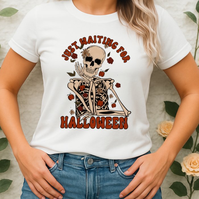 Just Waiting For Halloween Skeleton Fall Spooky Womens T-Shirt