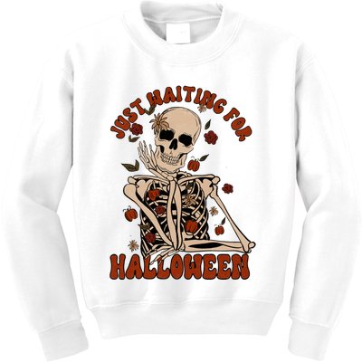 Just Waiting For Halloween Skeleton Fall Spooky Kids Sweatshirt
