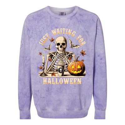 Just Waiting For Halloween Skeleton Coffee Spooky Season Colorblast Crewneck Sweatshirt