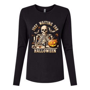 Just Waiting For Halloween Skeleton Coffee Spooky Season Womens Cotton Relaxed Long Sleeve T-Shirt