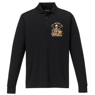 Just Waiting For Halloween Skeleton Coffee Spooky Season Performance Long Sleeve Polo