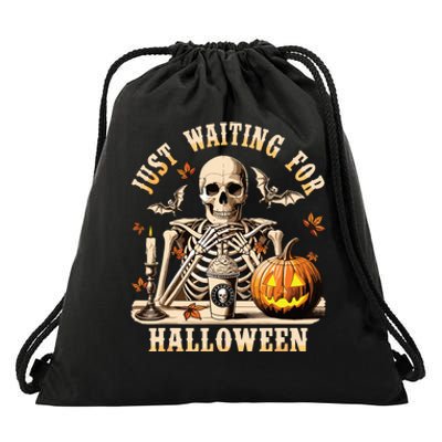 Just Waiting For Halloween Skeleton Coffee Spooky Season Drawstring Bag