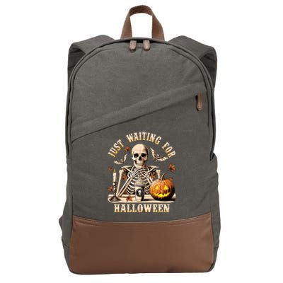 Just Waiting For Halloween Skeleton Coffee Spooky Season Cotton Canvas Backpack