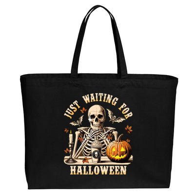 Just Waiting For Halloween Skeleton Coffee Spooky Season Cotton Canvas Jumbo Tote