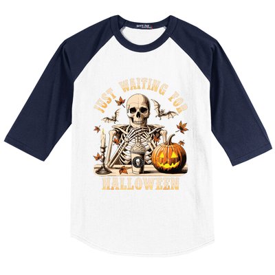 Just Waiting For Halloween Skeleton Coffee Spooky Season Baseball Sleeve Shirt