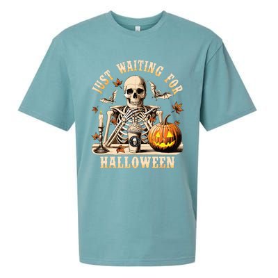 Just Waiting For Halloween Skeleton Coffee Spooky Season Sueded Cloud Jersey T-Shirt