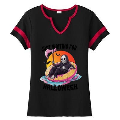 Just Waiting For Halloween Funny Skeleton Ladies Halftime Notch Neck Tee