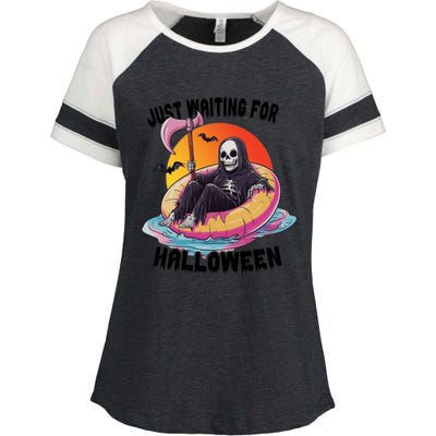 Just Waiting For Halloween Funny Skeleton Enza Ladies Jersey Colorblock Tee