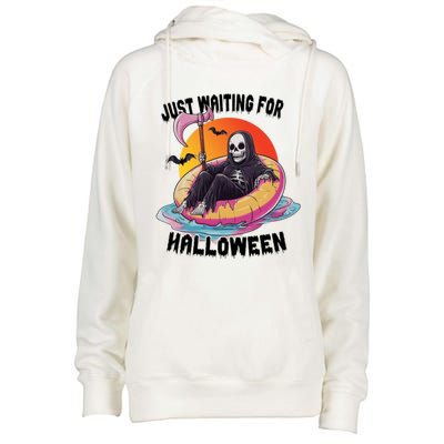 Just Waiting For Halloween Funny Skeleton Womens Funnel Neck Pullover Hood