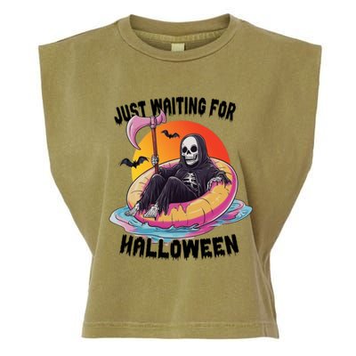 Just Waiting For Halloween Funny Skeleton Garment-Dyed Women's Muscle Tee